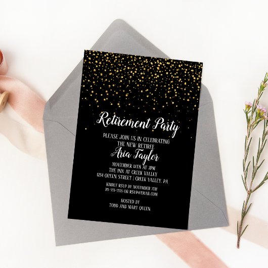 Invitation Gold Confetti sur Black Retirement Party