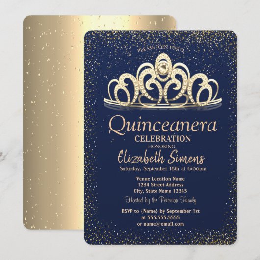 Invitation Gold Confetti Tiara Marine Blue Quinceañera (Devant / Derrière)