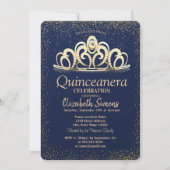 Invitation Gold Confetti Tiara Marine Blue Quinceañera (Devant)