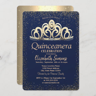 Invitation Gold Confetti Tiara Marine Blue Quinceañera