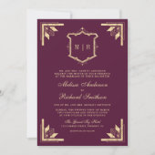 Invitation Gold Crest Monogram QR Code Plum Purple Wedding (Devant)