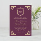 Invitation Gold Crest Monogram QR Code Plum Purple Wedding (Debout devant)