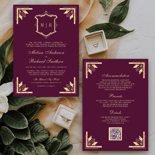 Invitation Gold Crest Monogram QR Code Plum Purple Wedding
