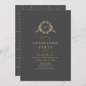 Invitation Gold Crest Monogramme gris foncé Graduation (Devant / Derrière)