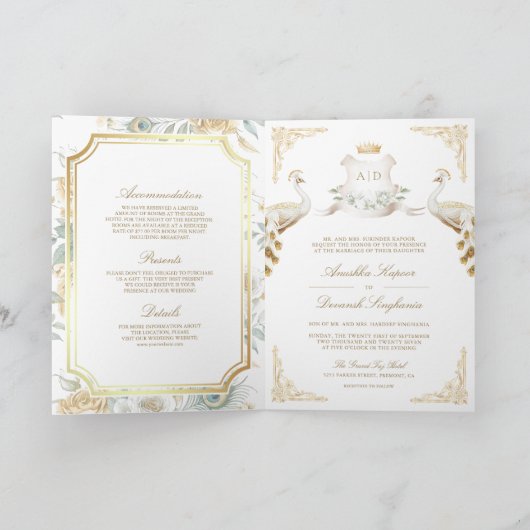 Invitation Gold Crest Royal Indian White Peacock Wedding (Intérieur)