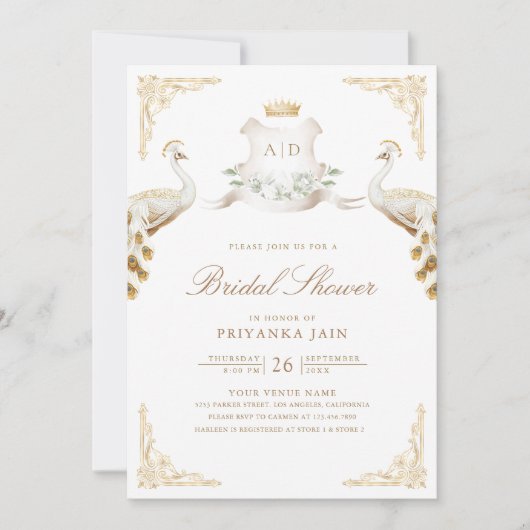 Invitation Gold Crest Royal White Peacock Fête des mariées (Devant)