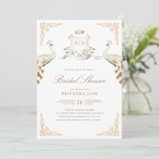 Invitation Gold Crest Royal White Peacock Fête des mariées (Debout devant)
