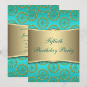 Invitation Gold Crest Turquoises femmes 50e fête d'anniversai (Devant / Derrière)