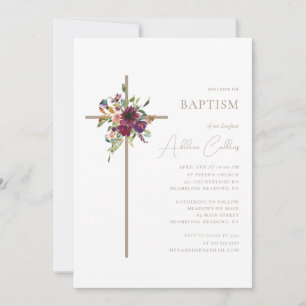 Invitation Gold Cross Bourgogne Floral Minimaliste Baptême