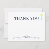 Invitation GOLD CROSS moderne saint baptême bleu marine merci (Devant)