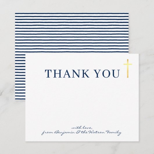 Invitation GOLD CROSS moderne saint baptême bleu marine merci (Devant / Derrière)