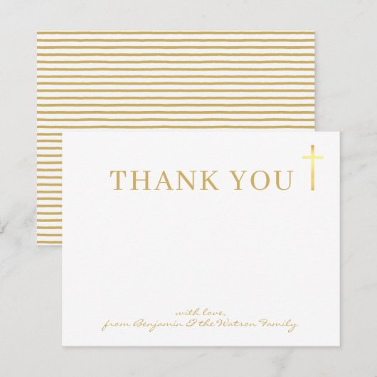Invitation GOLD CROSS moderne saint baptême joli or merci (Devant / Derrière)