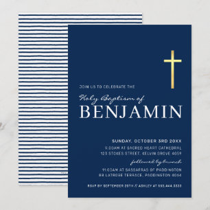 Invitation GOLD CROSS moderne saint baptême minimum marine bl