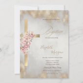 Invitation  Gold Cross Pink Flowers Baptism Glitter Gold (Devant)