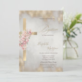 Invitation  Gold Cross Pink Flowers Baptism Glitter Gold (Debout devant)