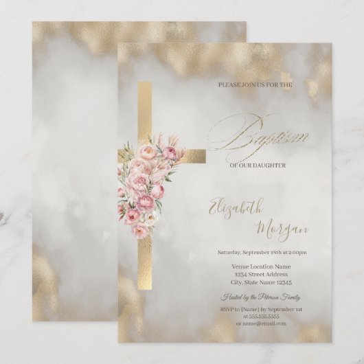 Invitation  Gold Cross Pink Flowers Baptism Glitter Gold (Devant / Derrière)