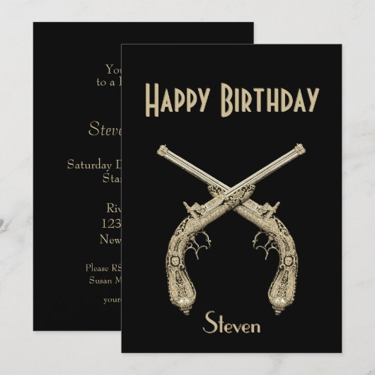 Invitation Gold Crossed Pistols Black Anniversaire (Devant / Derrière)