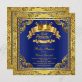 Invitation Gold Crown Royal Blue Fancy Baby shower Prince (Devant / Derrière)