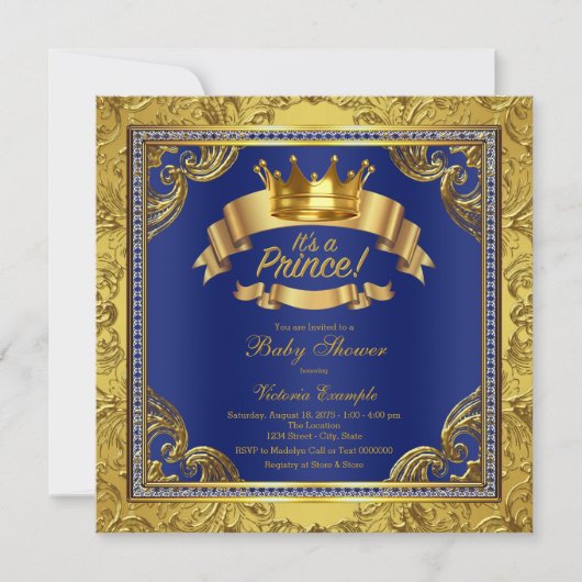 Invitation Gold Crown Royal Blue Fancy Baby shower Prince (Devant)