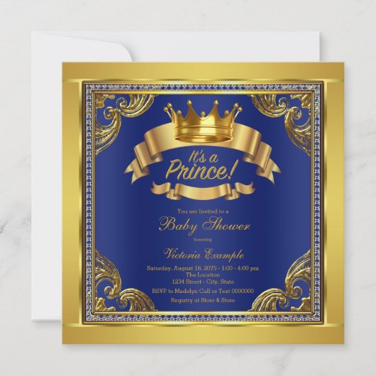 Invitation Gold Crown Royal Blue Gold Prince Baby shower (Devant)