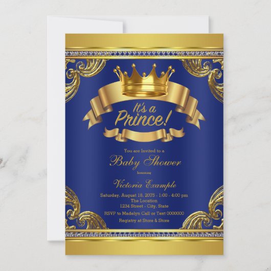 Invitation Gold Crown Royal Blue Prince Baby shower (Devant)