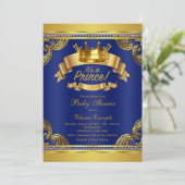 Invitation Gold Crown Royal Blue Prince Baby shower (Debout devant)