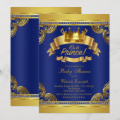 Invitation Gold Crown Royal Blue Prince Baby shower (Devant / Derrière)
