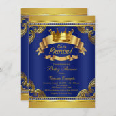 Invitation Gold Crown Royal Blue Prince Baby shower (Devant / Derrière)
