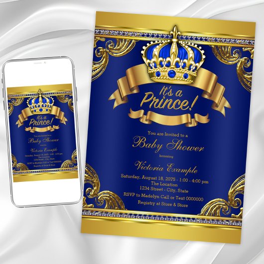 Invitation Gold Crown Royal Blue Prince Boy Baby shower