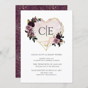 Invitation Gold Crystal Heart Rose violet Mariage Floral