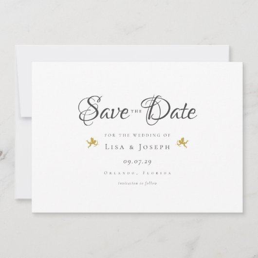 Invitation Gold Cupids Script élégant Enregistrer la date (Devant)