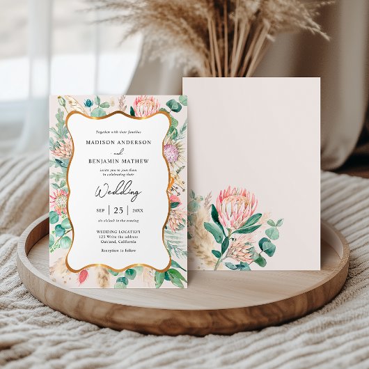 Invitation Gold Curvy Eucalyptus Pampas Grass Protea Wedding