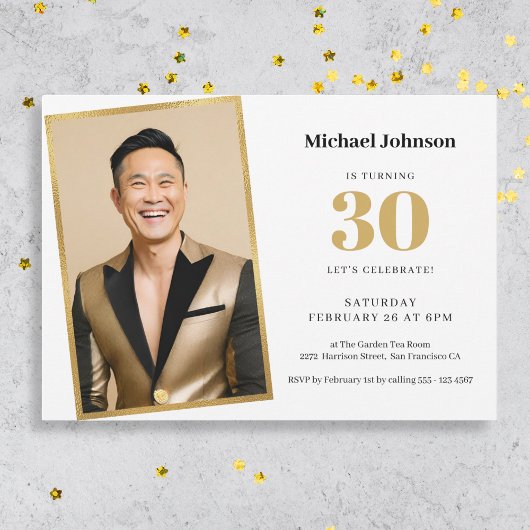 Invitation Gold Custom Photo Moderne Simple 30e anniversaire