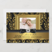 Invitation Gold Damask & Bow Photo 50th Mariage Anniversary (Devant)