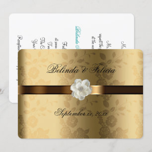Invitation Gold Damask Chocolat Brown Satin Fleur blanche