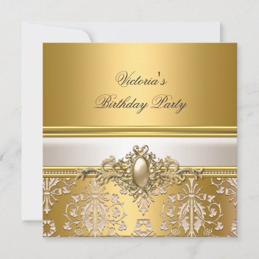 Invitation Gold Damask Crème blanche Anniversaire Party Pearl (Devant)