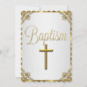 Invitation Gold Damask Cross Photo Baptême Christening (Dos)