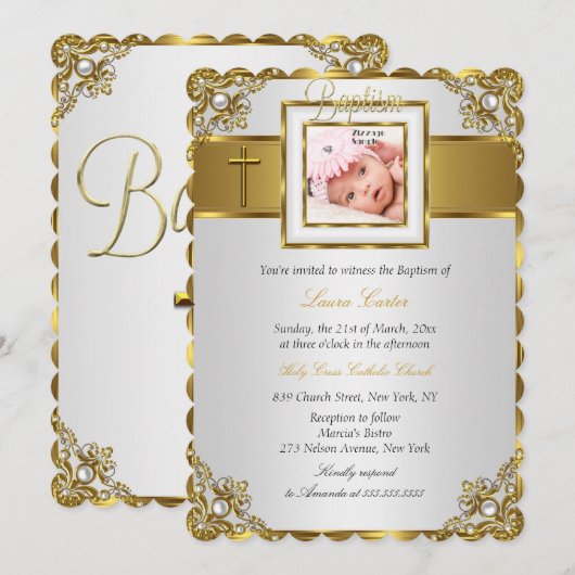 Invitation Gold Damask Cross Photo Baptême Christening (Devant / Derrière)