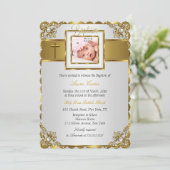 Invitation Gold Damask Cross Photo Baptême Christening (Debout devant)