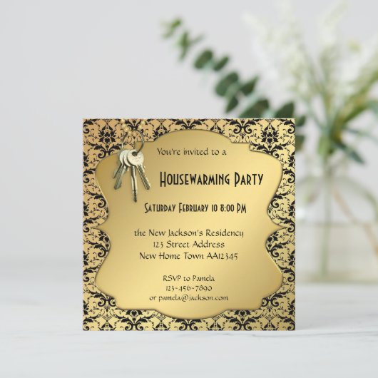 Invitation Gold & Damask Houseécharder Party (Debout devant)
