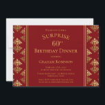 Invitation Gold Damask Red Surprise 60th Birthday Dinner<br><div class="desc">Une élégante invitation à dîner rouge et or damassé à motif surprenant 60e anniversaire.</div>