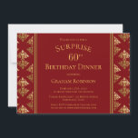 Invitation Gold Damask Red Surprise 60th Birthday Dinner<br><div class="desc">Une élégante invitation à dîner rouge et or damassé à motif surprenant 60e anniversaire.</div>