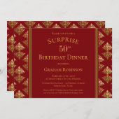 Invitation Gold Damask Red Surprise Dîner 50e anniversaire (Devant / Derrière)