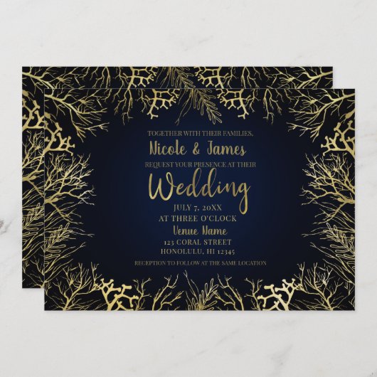 Invitation Gold & Dark Navy Blue Elegant Coral Mariage (Devant / Derrière)