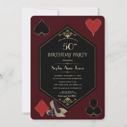 Invitation Gold Deep Burgundy Art Deco Gatsby Casino Birthday (Devant)