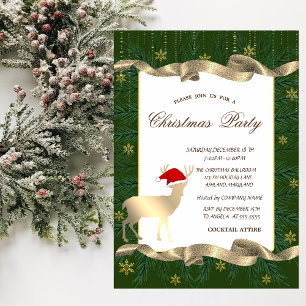 Invitation Gold Deer Santa Hat, Branches Green Christmas Part