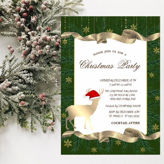 Invitation Gold Deer Santa Hat, Branches Green Christmas Part