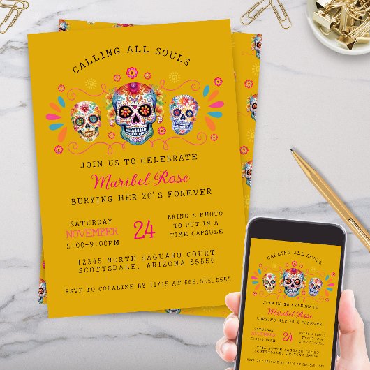 Invitation Gold Dia de los Muertos Crâne fête d'anniversaire