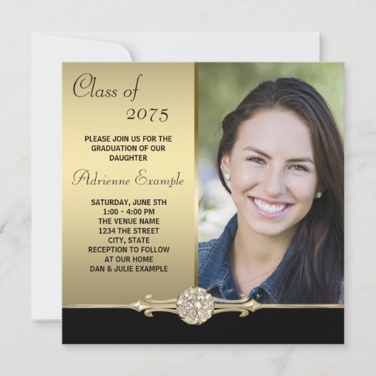Invitation Gold Diamond Black and Gold Photo Graduation (Devant)
