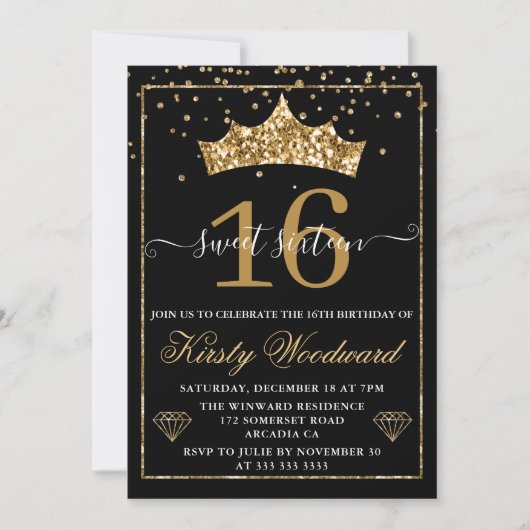 Invitation Gold Diamond Confetti Tiara Sweet 16 (Devant)